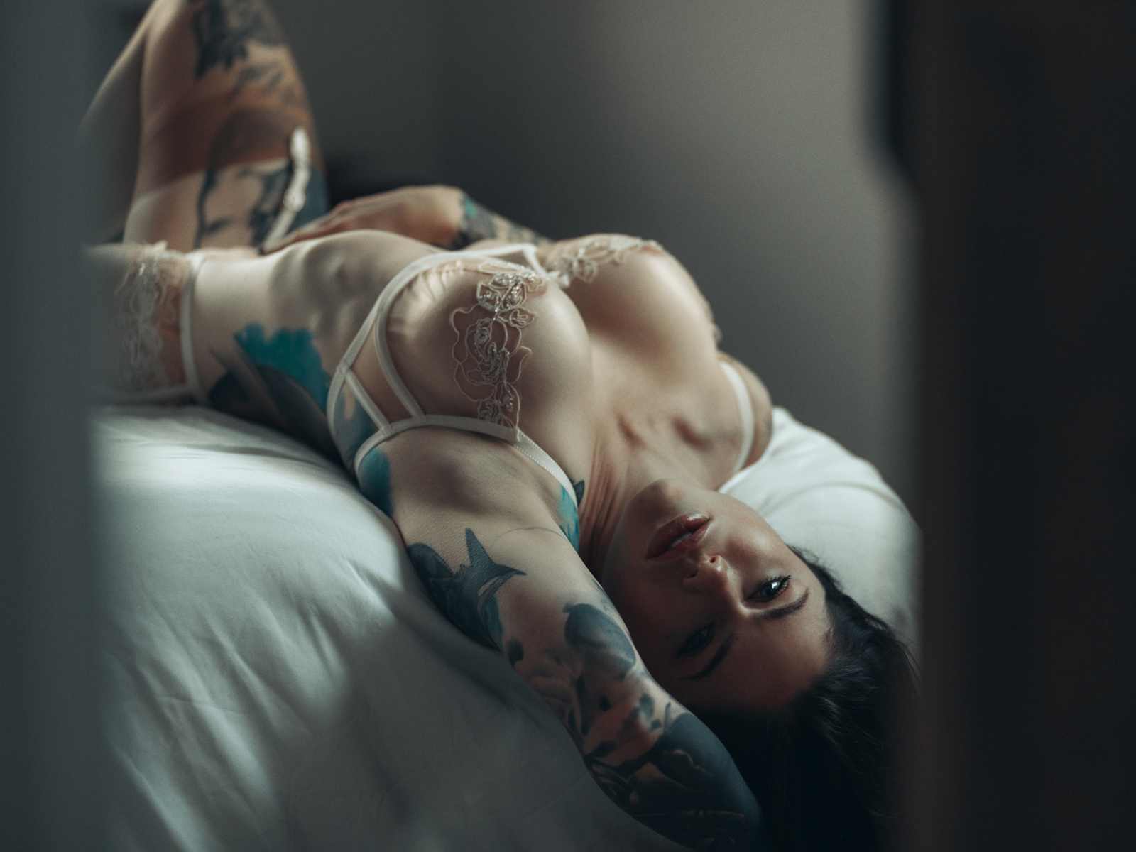 women, model, brunette, women indoors, women indoors, boobs, tattoo, lingerie, bra, panties, in bed, bed, big boobs