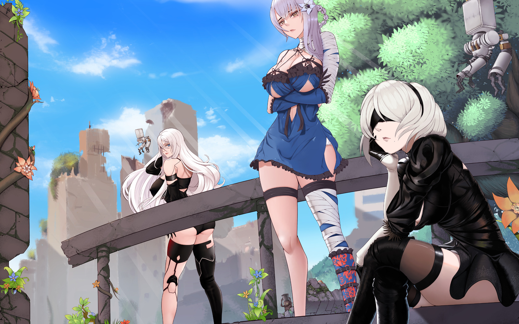 nier: automata, 2b nier: automata, a2 nier: automata, nier, women, anime girls, sky, clouds, robot, anime