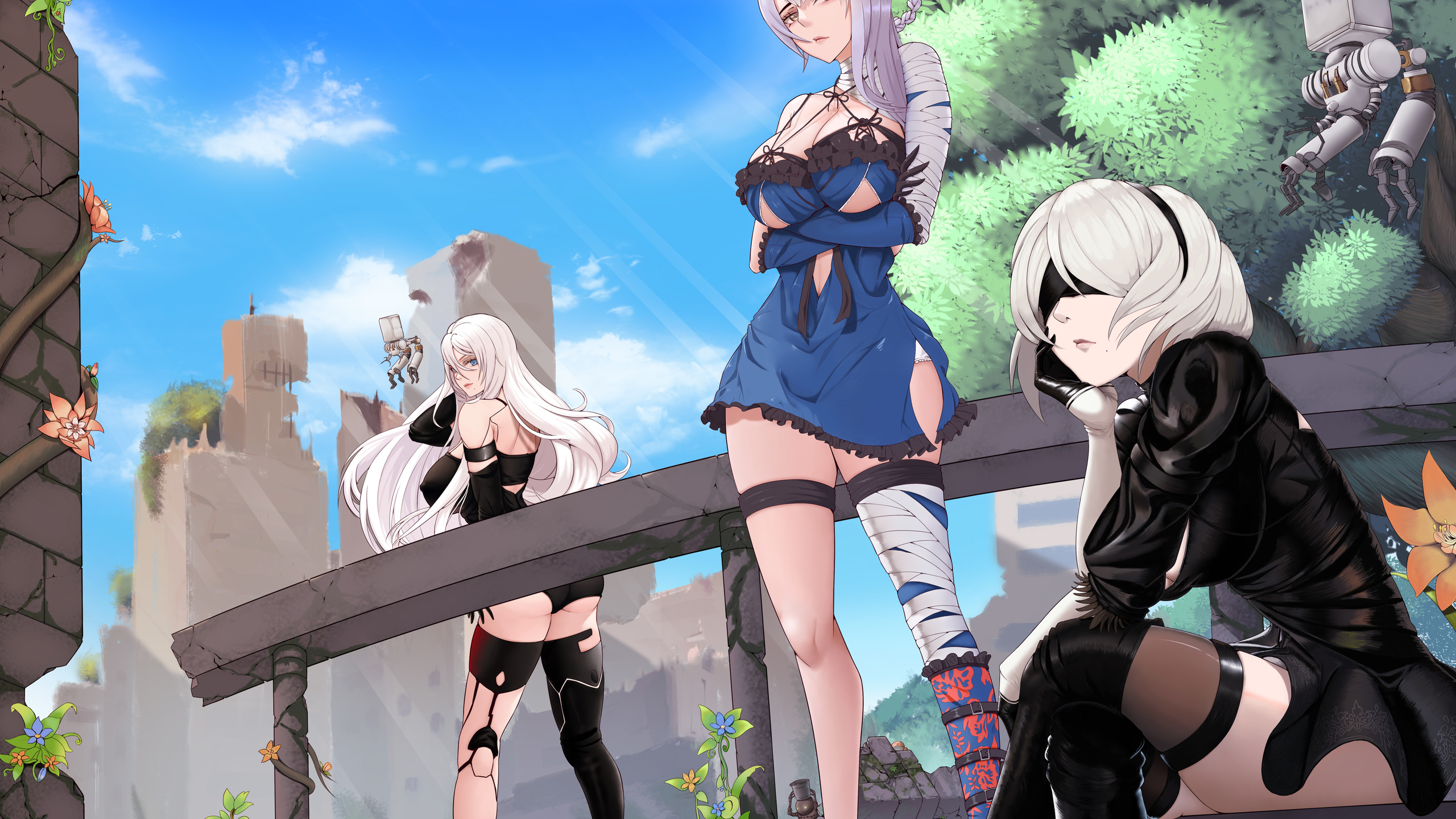 nier: automata, 2b nier: automata, a2 nier: automata, nier, women, anime girls, sky, clouds, robot, anime