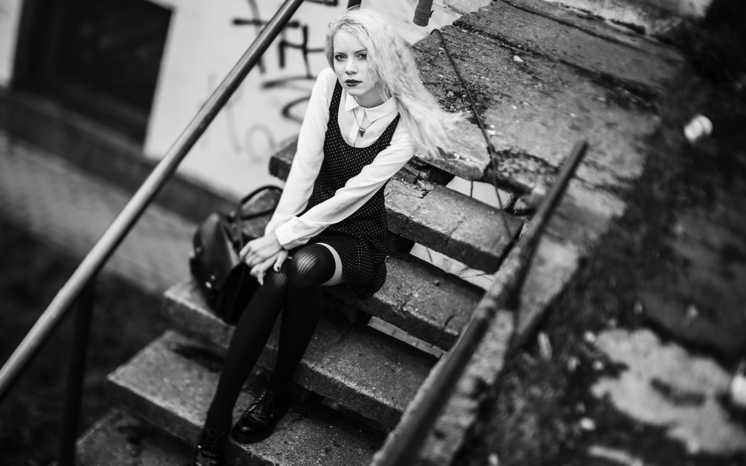 women, model, blonde, women outdoors, monochrome, dress, black dress, black stockings, stockings, stairs