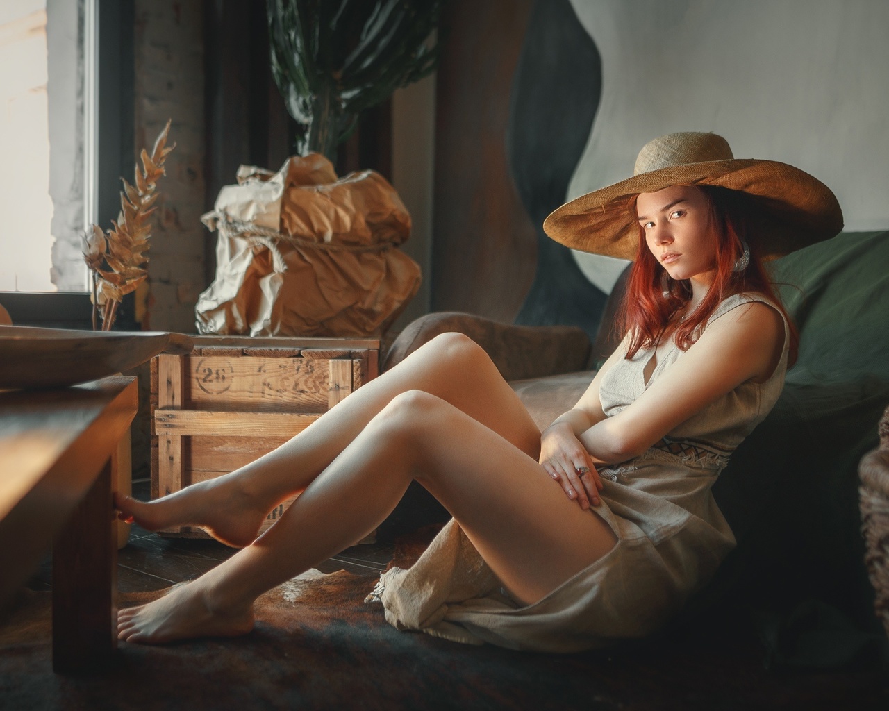 women, model, redhead, women indoors, dress, sitting, hat, table, window, couch, barefoot, guitar