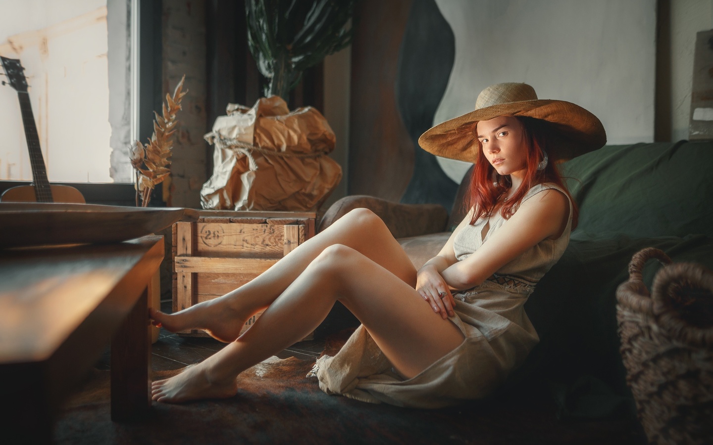 women, model, redhead, women indoors, dress, sitting, hat, table, window, couch, barefoot, guitar