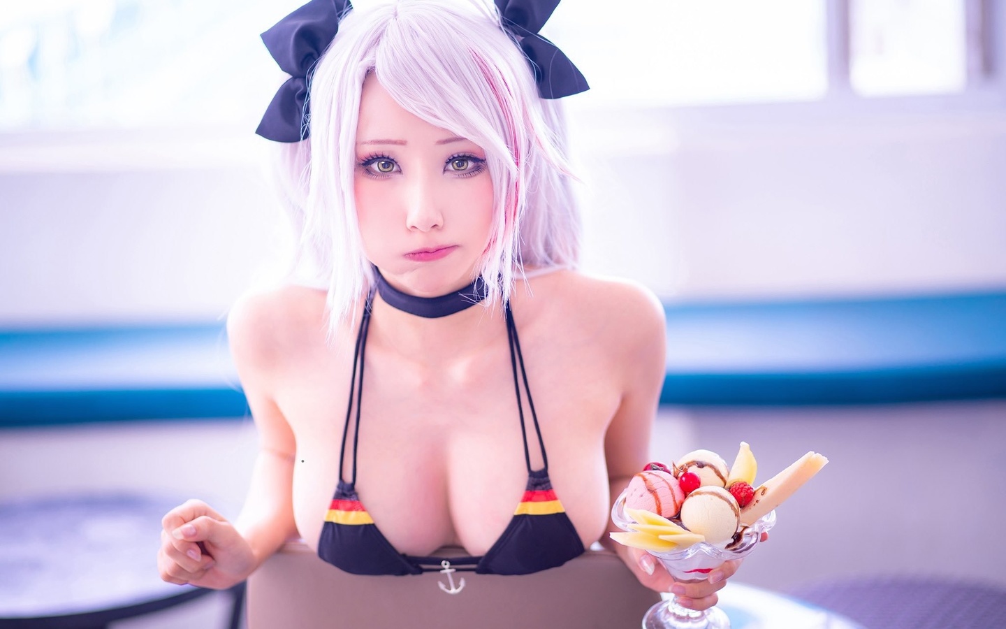 hane ame, women, model, cosplay, prinz eugen azur lane, azur lane, anime girls, anime, white hair, ice cream, sweets, yellow eyes, bikini, neckline.window