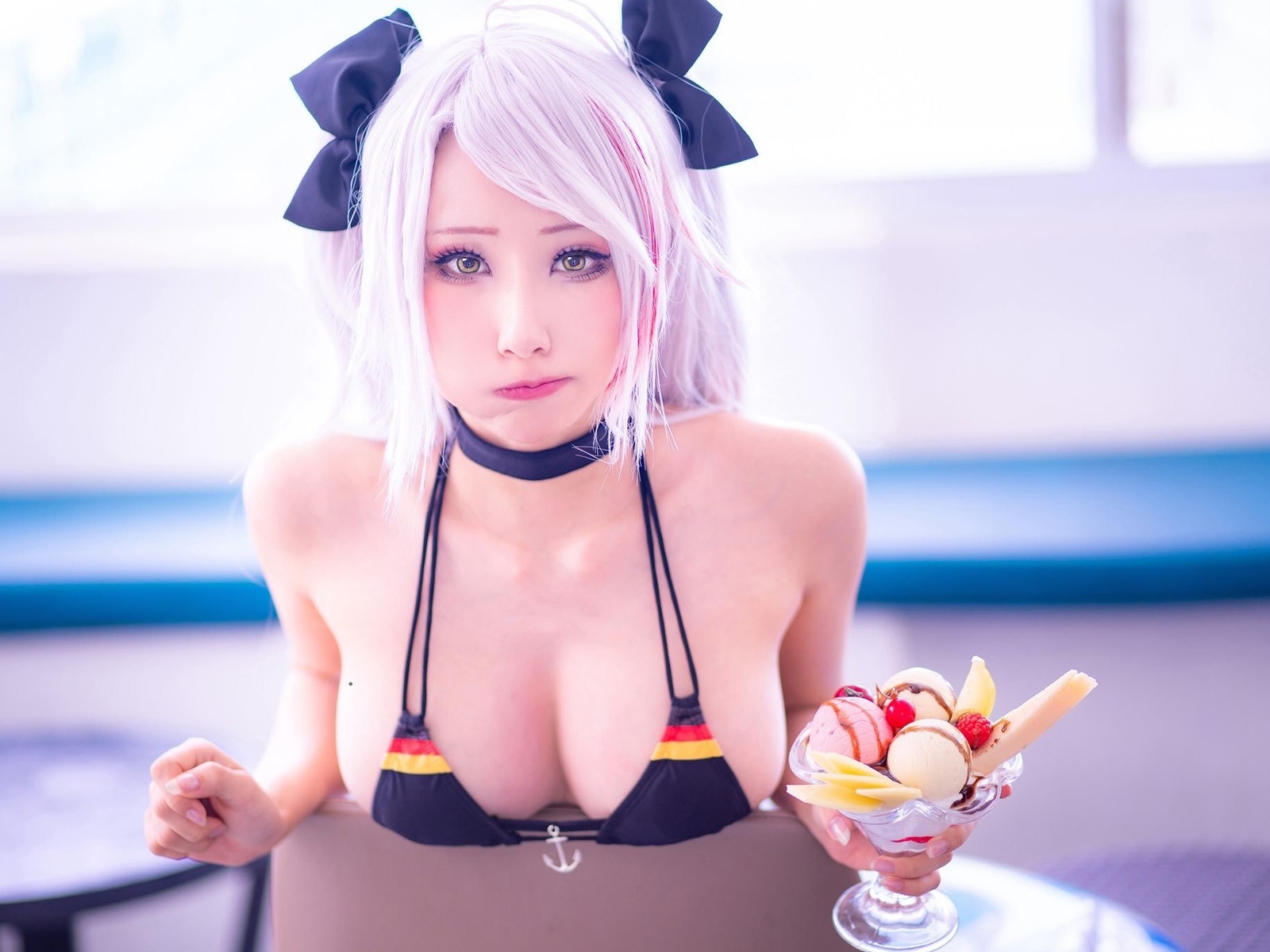 hane ame, women, model, cosplay, prinz eugen azur lane, azur lane, anime girls, anime, white hair, ice cream, sweets, yellow eyes, bikini, neckline.window