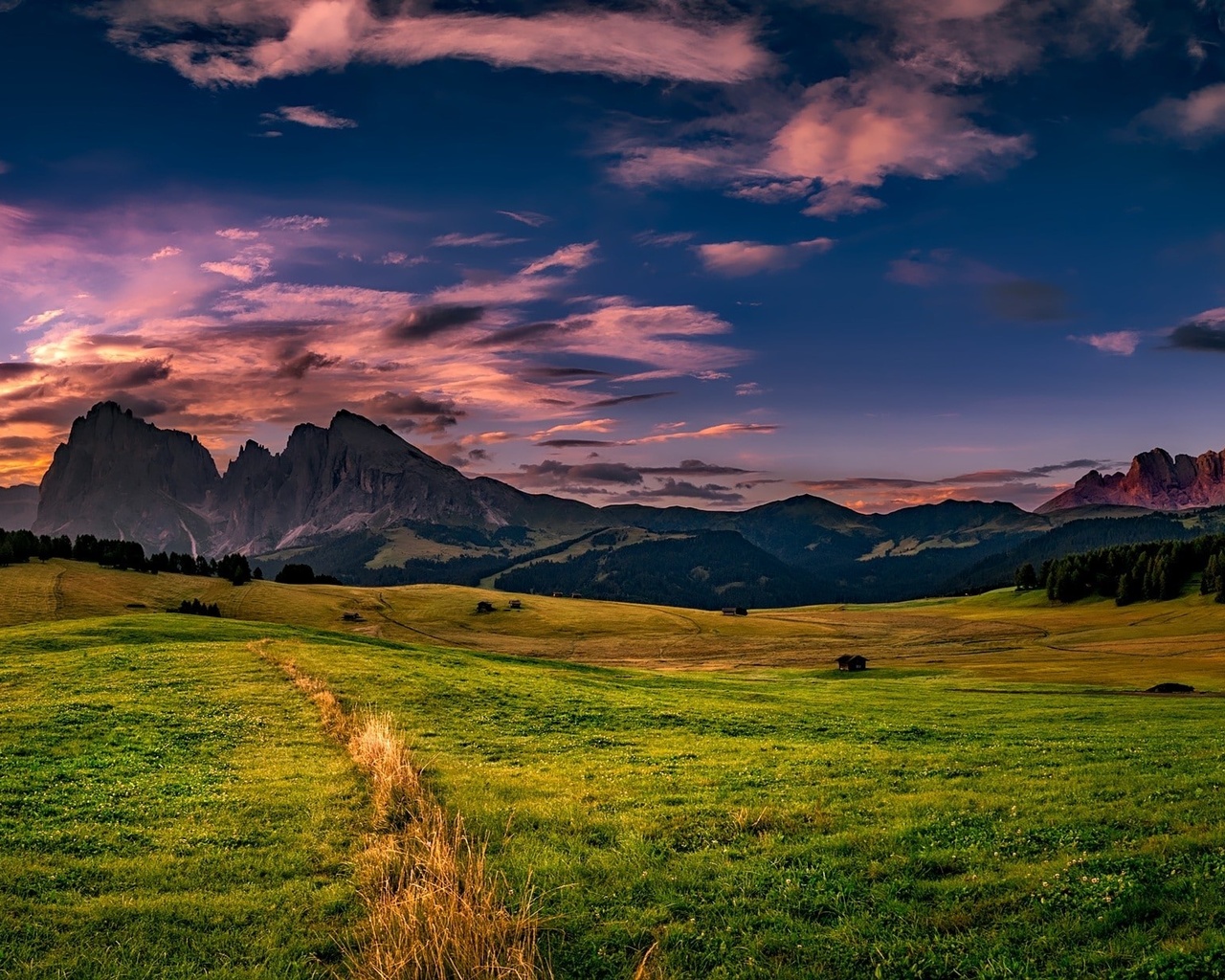 landscape, nature, grass, sky, clouds, mountains, trees, hills