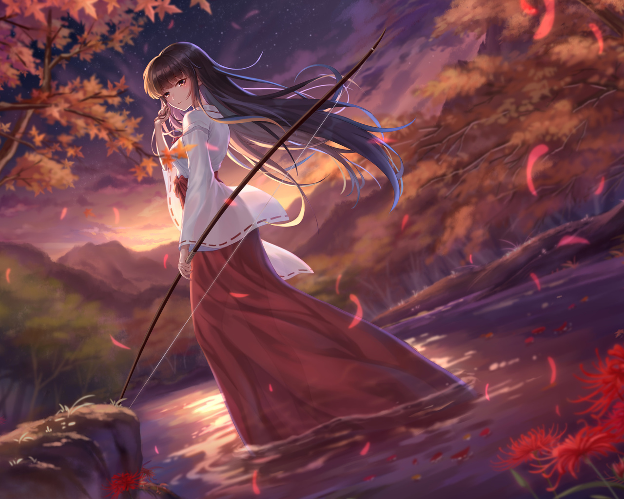 yelan xing xuan, kikyou inuyasha, inuyasha, anime, kikyo, kimono, anime, anime girls, miko, nature, trees, archer, stars, flowers, digital art