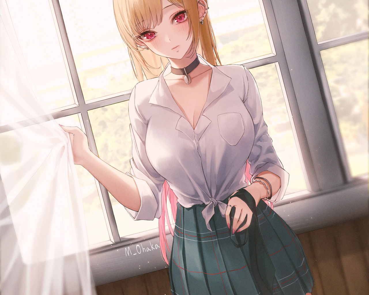 ame 816, kitagawa marin, sono bisque doll wa koi wo suru, blonde, women, anime girls, anime, school uniform, schoolgirl, miniskirt, digital art, pierced ear, window, curtains, pink eyes, white shirt, shirt, school skirt, tie, necktie