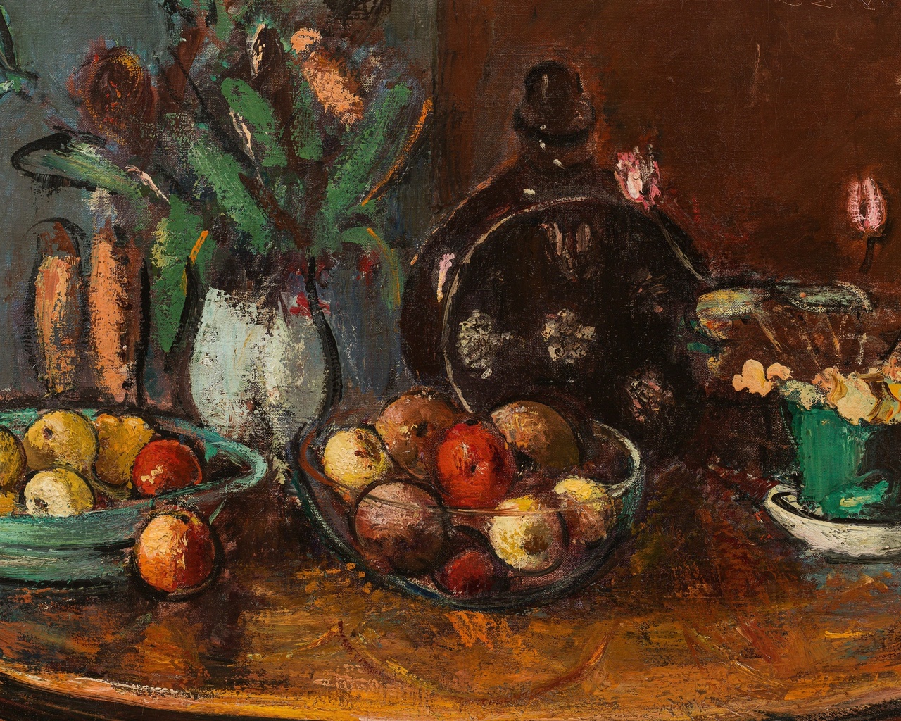 anton faistauer, austrian, 1920, fruit and flower still life with brown bottle