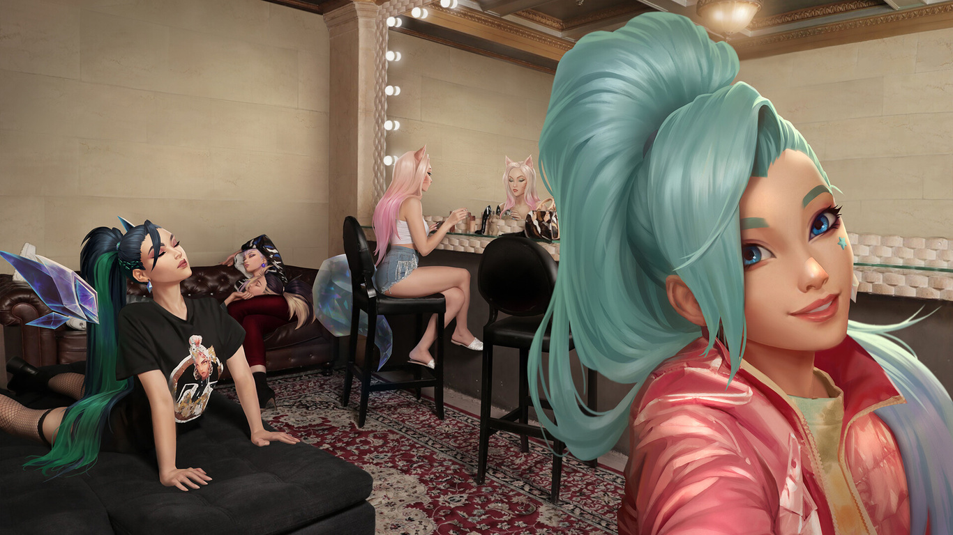 kai sa (league of legends), seraphine (league of legends), akali (league of legends), ahri (league of legends), evelynn (league of legends), kda, league of legends, digital art, fan art, mirror, couch, multi-colored hair, blue eyes, jean shorts, chair, re