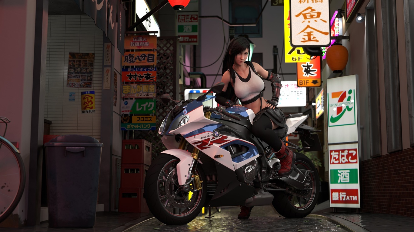 tifa lockhart, final fantasy, final fantasy vii, women, brunette, short tops, miniskirt, boots, red boots, night, video games, video game girls, gloves, black gloves, sitting, women with motorcycles, motorcycles, street, black stockings, digital art, bmw 