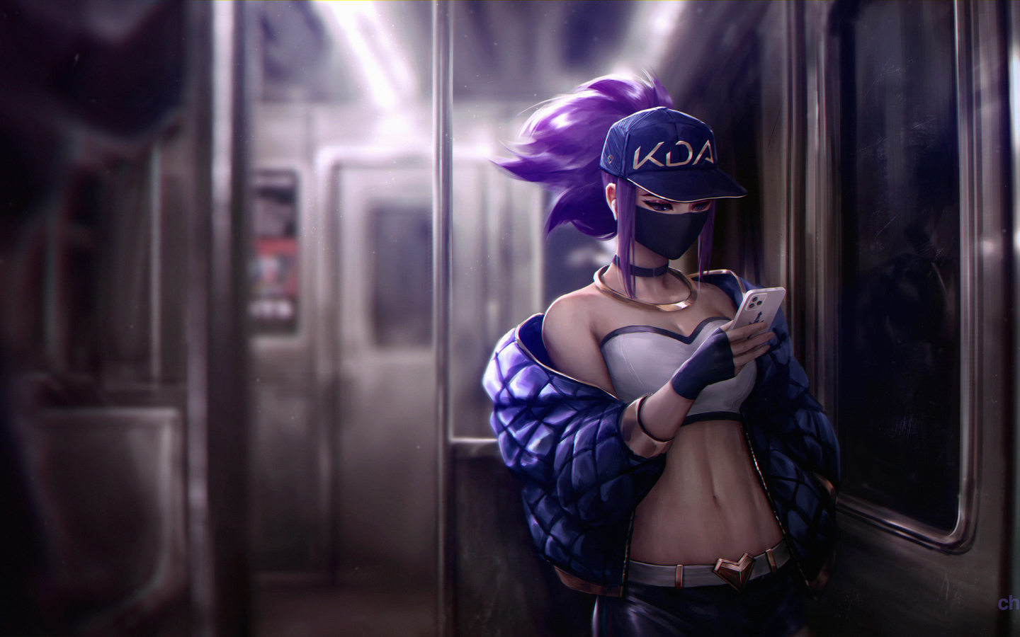 isaac liew cheesewoo, kda, akali (league of legends), kda akali, league of legends, digital art, digital painting, women, fan art, video game girls, video games, jacket, smartphone, cellphone, face mask, train, baseball cap, purple hair, reflection