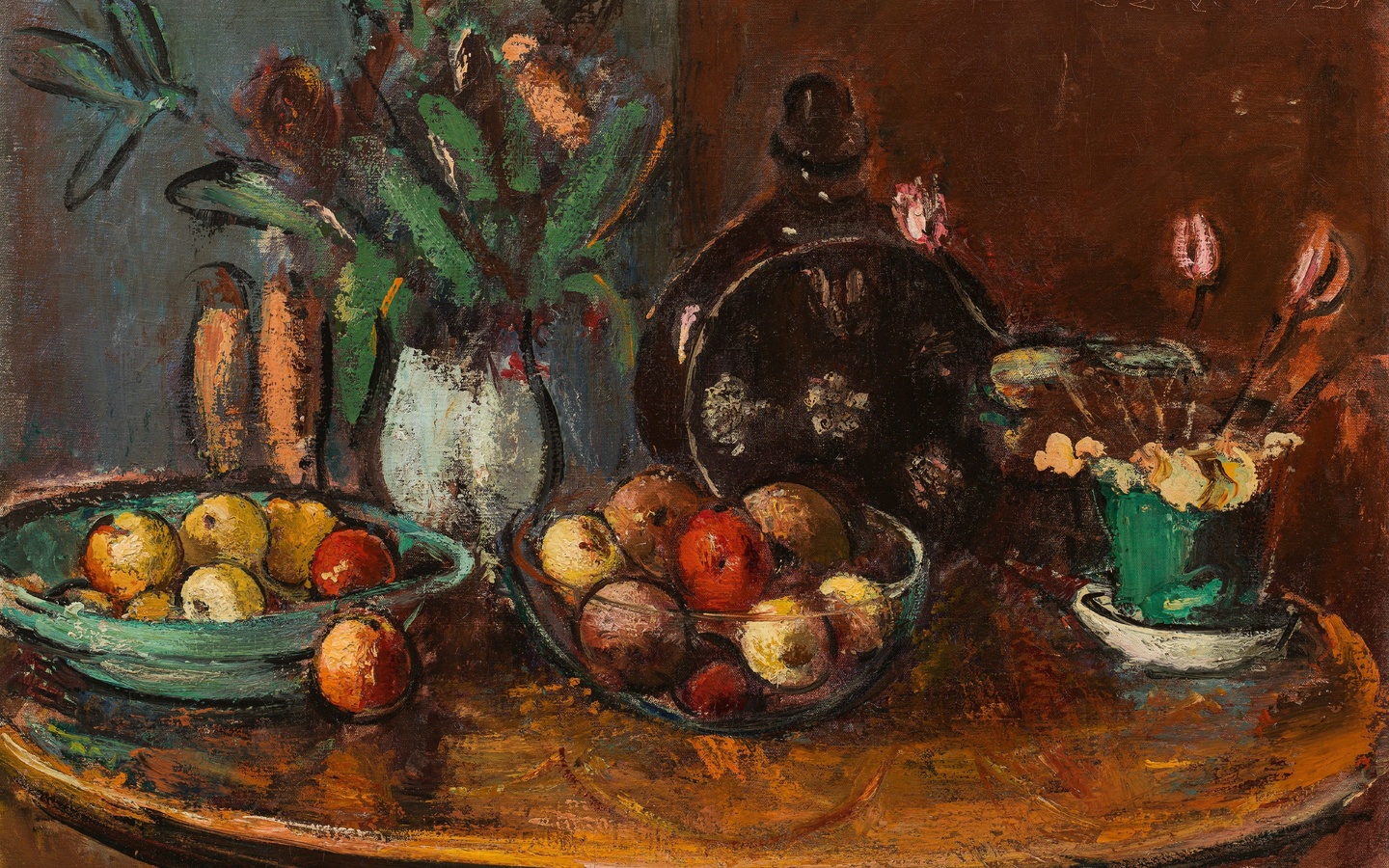 anton faistauer, austrian, 1920, fruit and flower still life with brown bottle