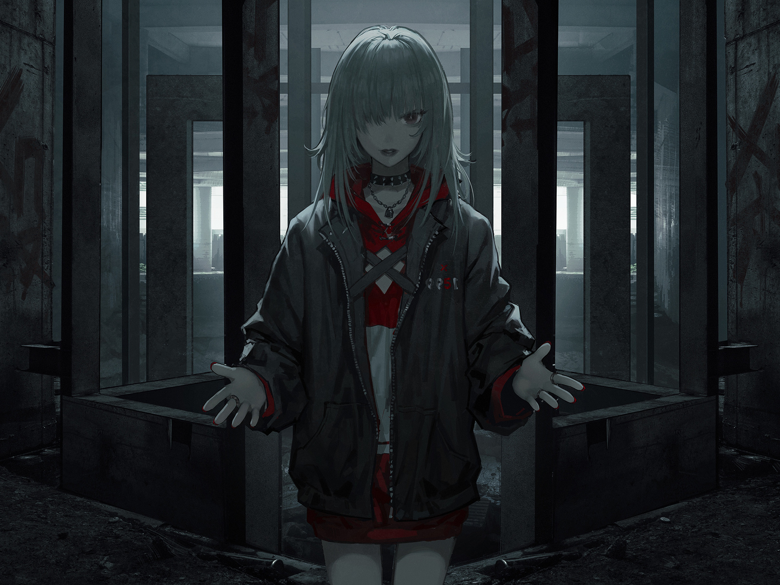 wang xi, digital art, women, sweatshirt, jacket, anime girls, anime, white hair, abandoned, debris, rubble, red nails