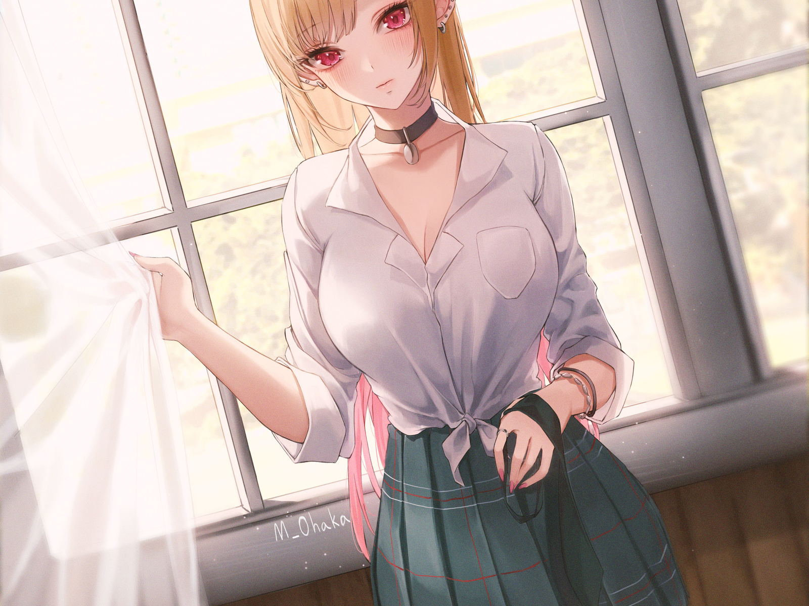 ame 816, kitagawa marin, sono bisque doll wa koi wo suru, blonde, women, anime girls, anime, school uniform, schoolgirl, miniskirt, digital art, pierced ear, window, curtains, pink eyes, white shirt, shirt, school skirt, tie, necktie