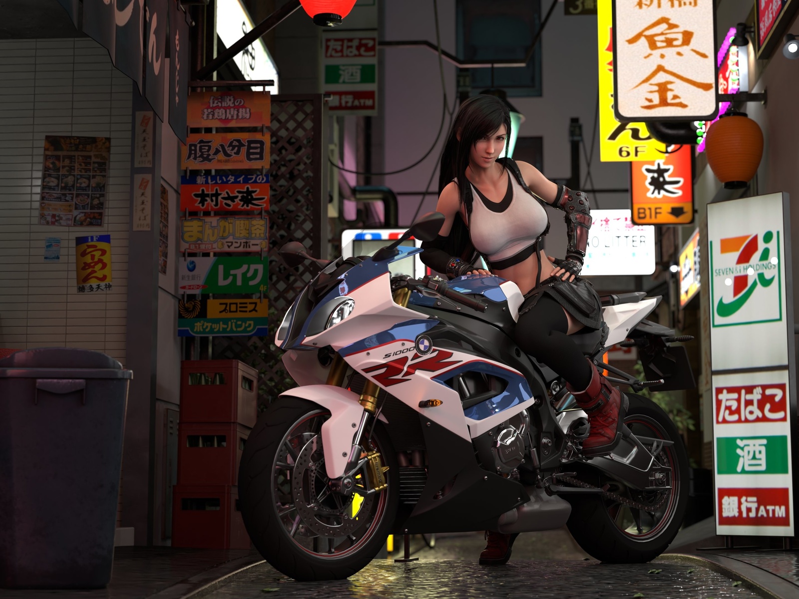 tifa lockhart, final fantasy, final fantasy vii, women, brunette, short tops, miniskirt, boots, red boots, night, video games, video game girls, gloves, black gloves, sitting, women with motorcycles, motorcycles, street, black stockings, digital art, bmw 