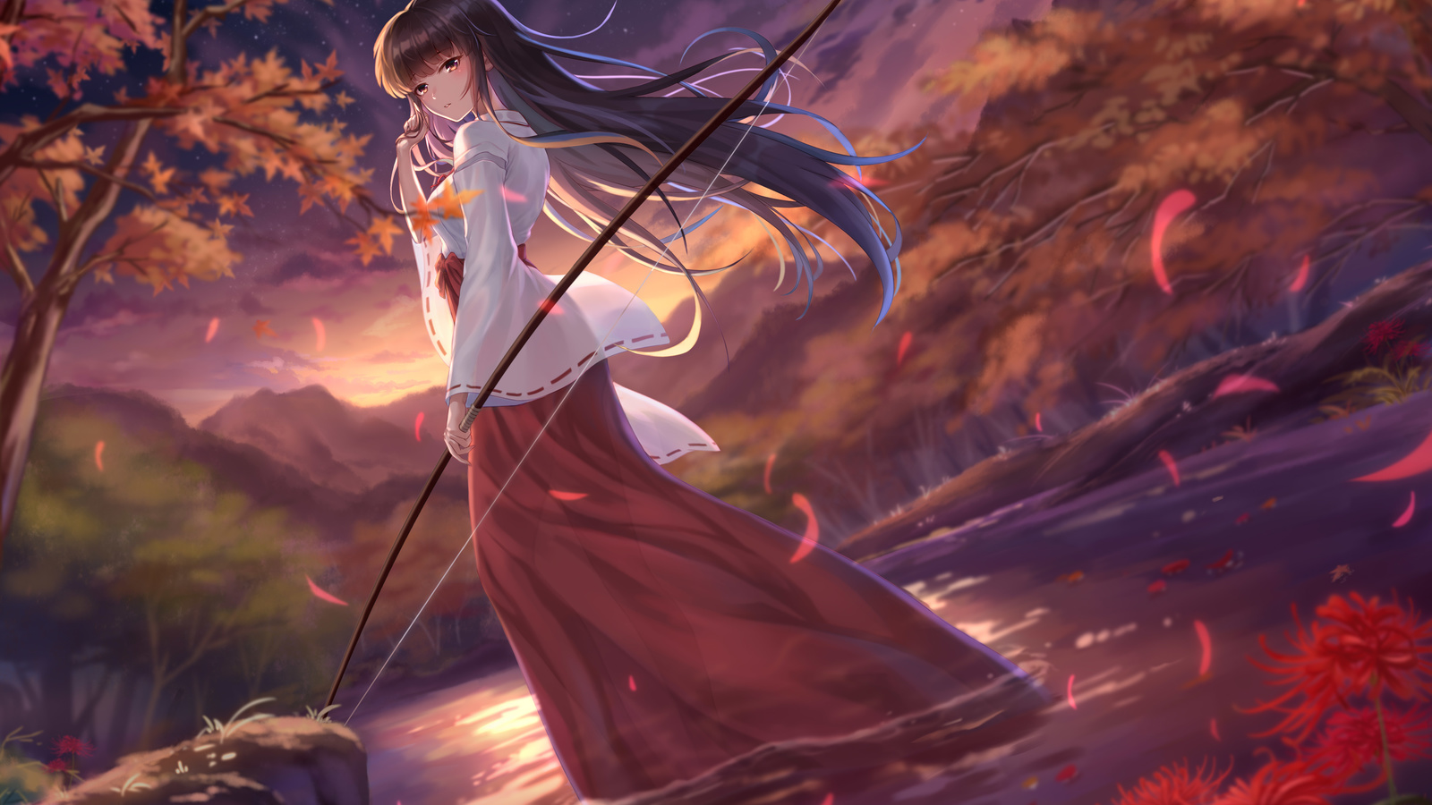 yelan xing xuan, kikyou inuyasha, inuyasha, anime, kikyo, kimono, anime, anime girls, miko, nature, trees, archer, stars, flowers, digital art