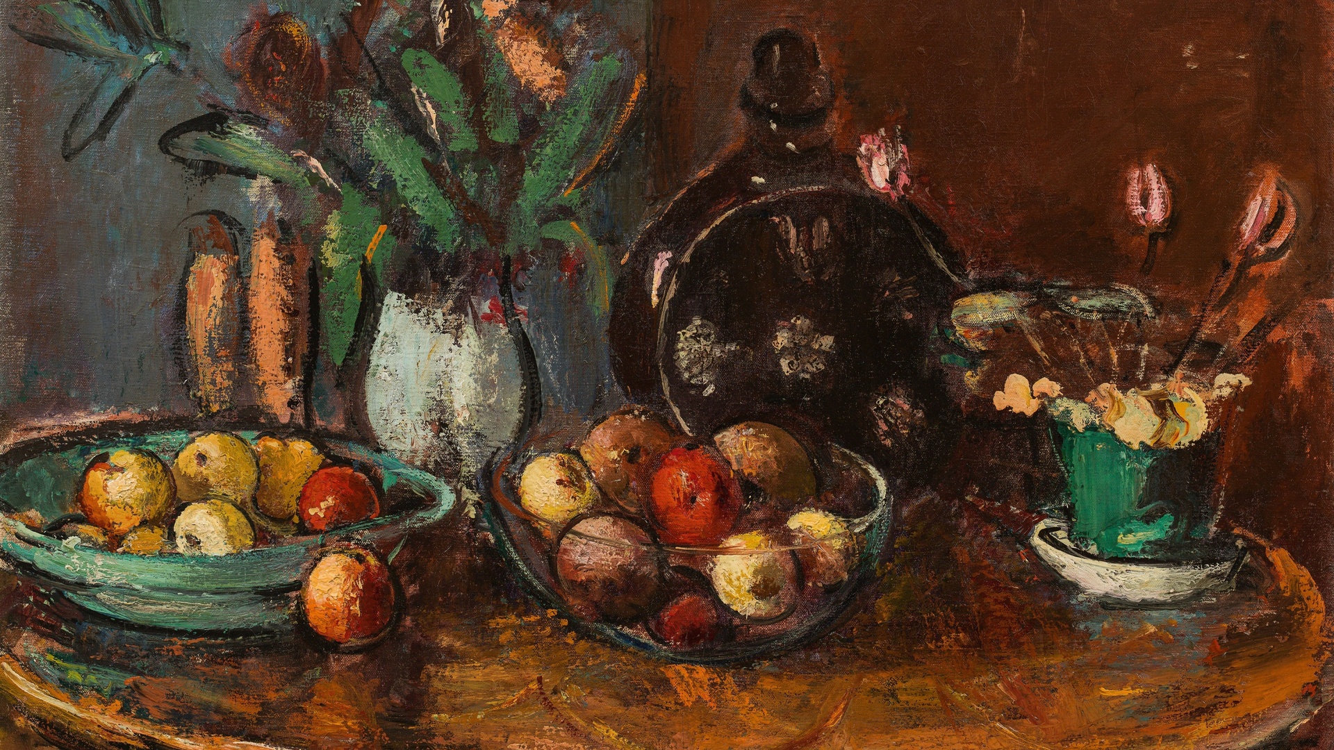 anton faistauer, austrian, 1920, fruit and flower still life with brown bottle