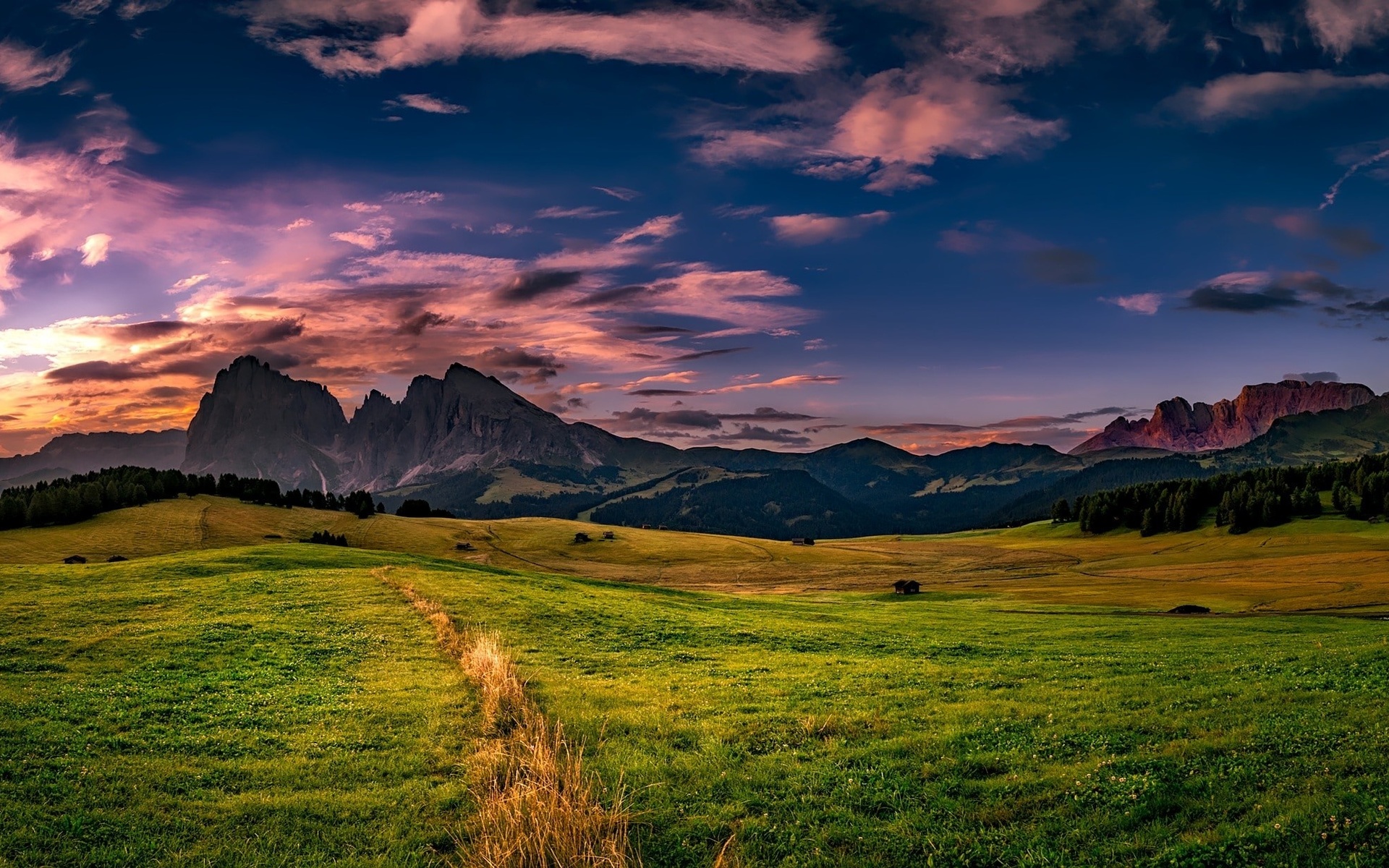 landscape, nature, grass, sky, clouds, mountains, trees, hills