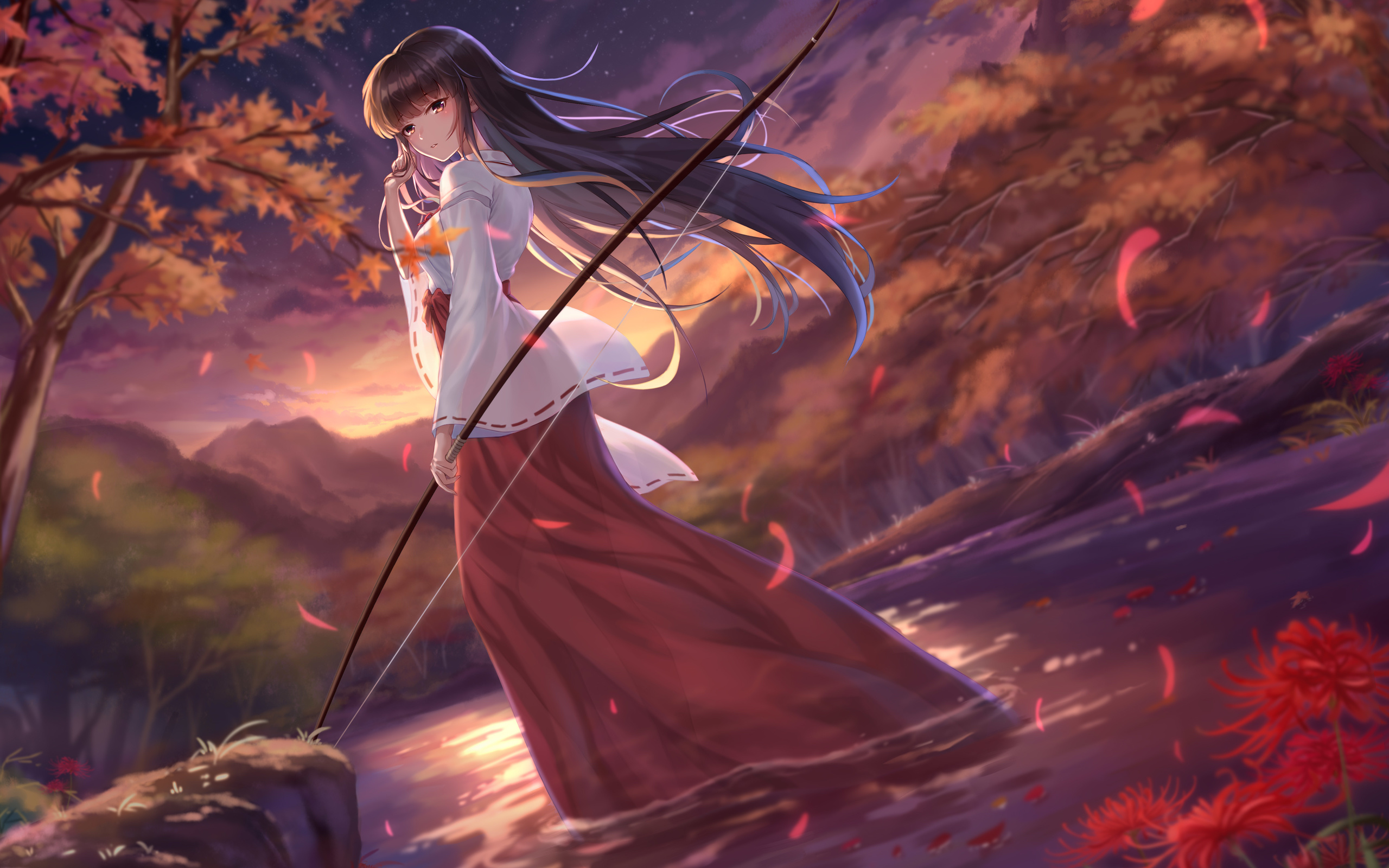 yelan xing xuan, kikyou inuyasha, inuyasha, anime, kikyo, kimono, anime, anime girls, miko, nature, trees, archer, stars, flowers, digital art