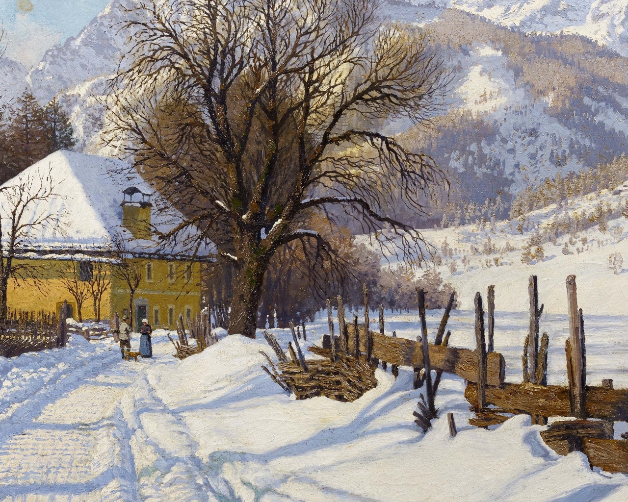 hans ranzoni the elder, austrian, 1920, farm in a sunny winter landscape