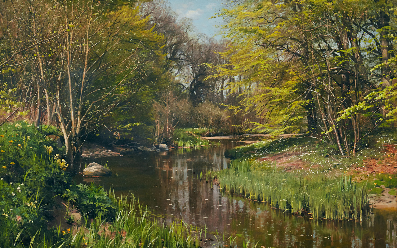 peder mork monsted, danisch, 1909, a spring day in the forest with a stream