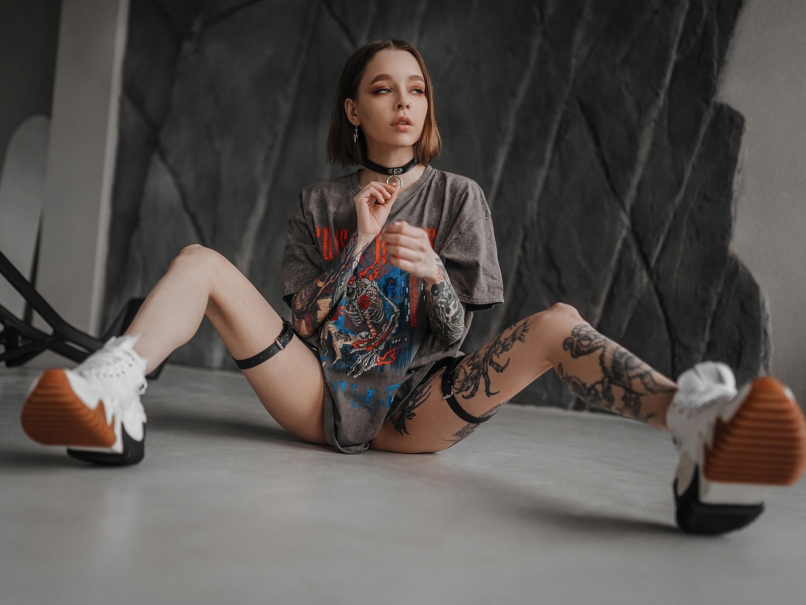 women, sergey freyer, spread legs, skinny, sitting, women indoors, sneakers, tattoo, shirt, strategic covering, nose ring, collar