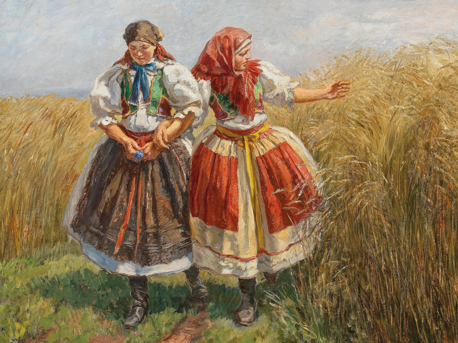 othmar ruzicka, austrian, two girls in sunday garb walking through a cornfield