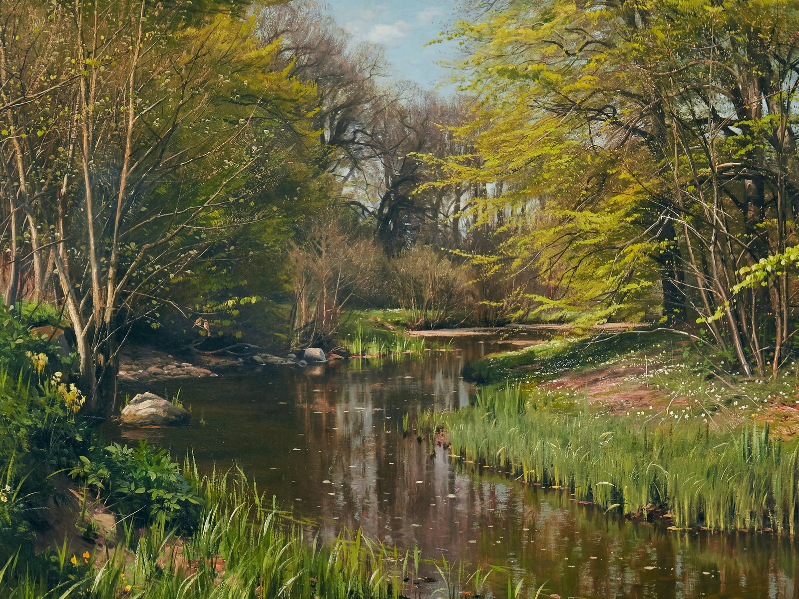 peder mork monsted, danisch, 1909, a spring day in the forest with a stream