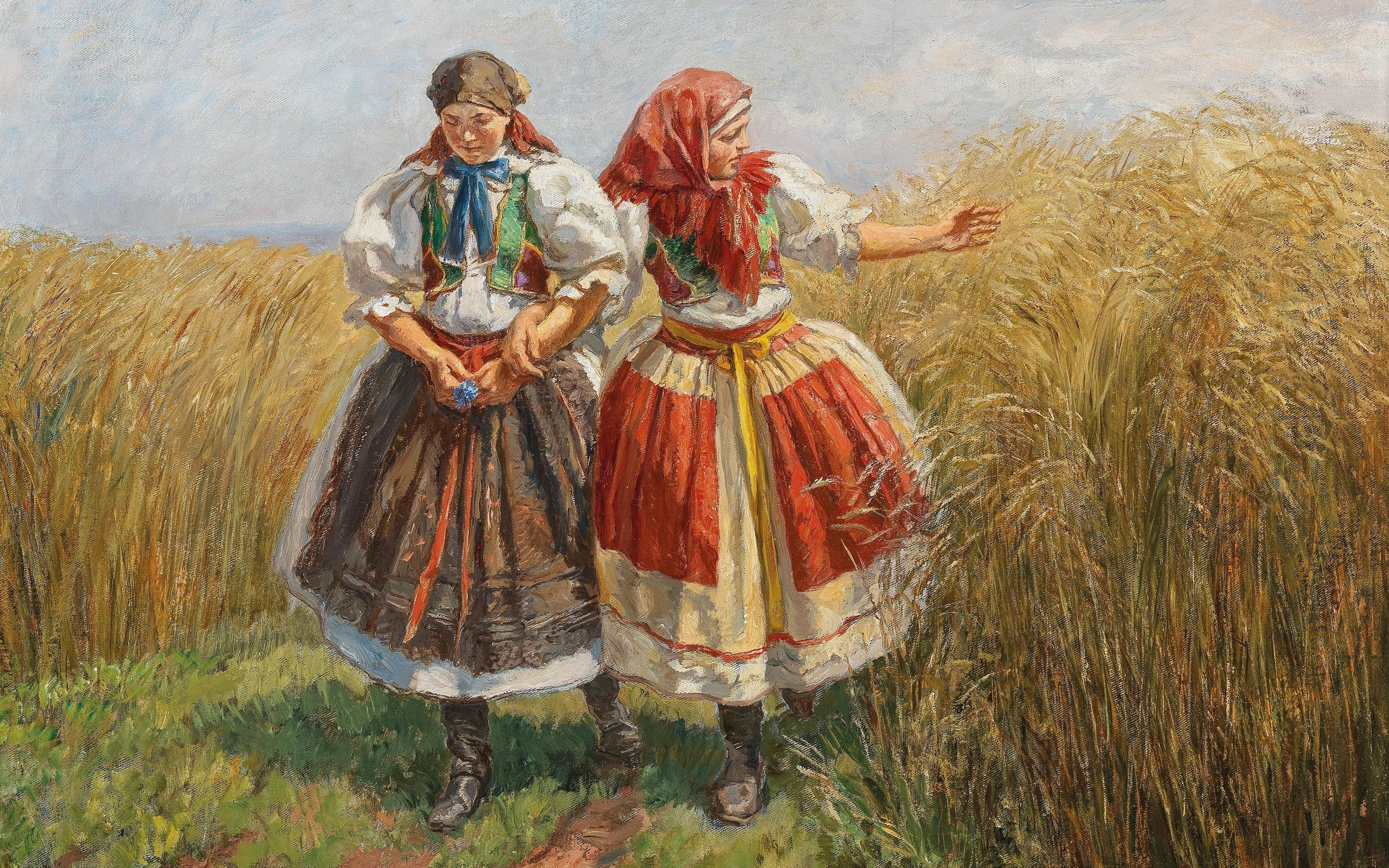 othmar ruzicka, austrian, two girls in sunday garb walking through a cornfield