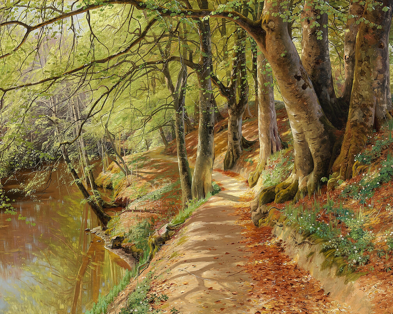 peder mork monsted, danish, 1895, a spring day in the woods with fresh-blown beeches and anemones in the forest bed