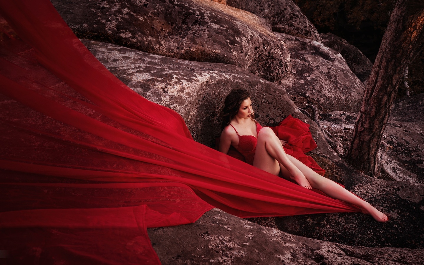 robert zazin, women, model, brunette, women outdoors, hips, red bodysuit, bodysuit, ass, nature, forest, rocks, barefoot, neckline, trees, legs