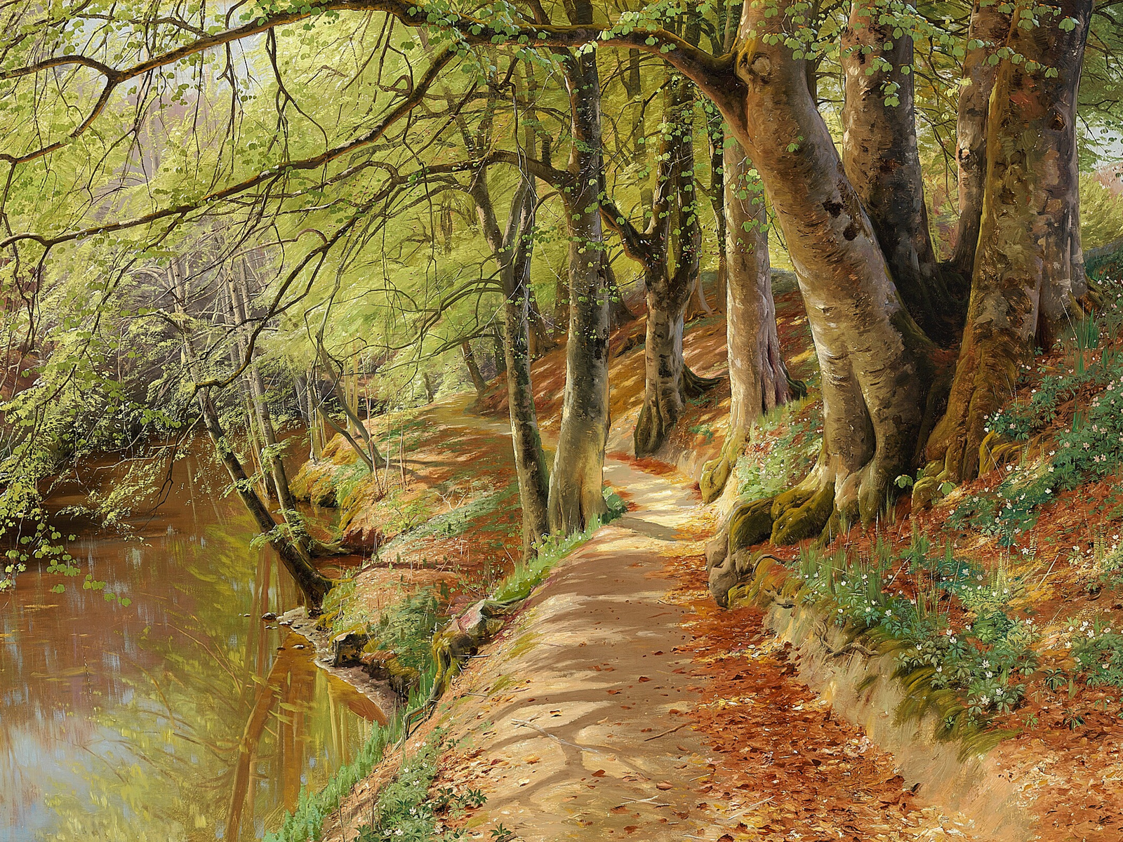 peder mork monsted, danish, 1895, a spring day in the woods with fresh-blown beeches and anemones in the forest bed