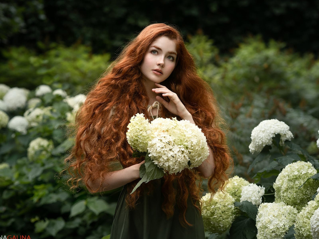 galina zhizhikina, redhead, model, women, women outdoors, flowers, nature, green dress, wavy hair