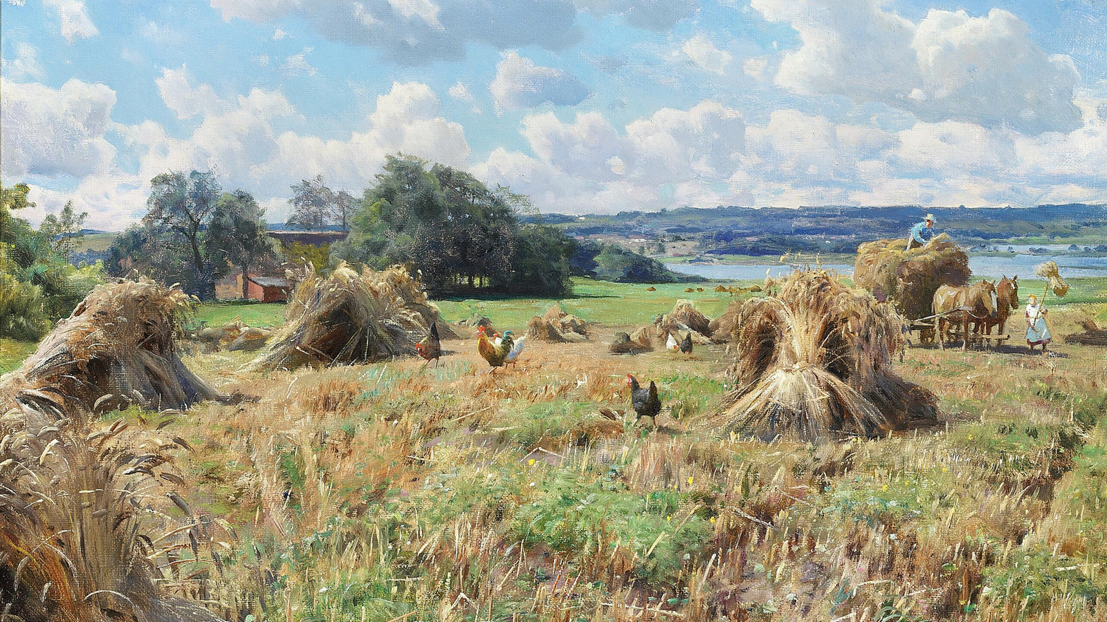 peder mork monsted, danish, 1934, the wheat is brought in near the vicarage of tulstrup