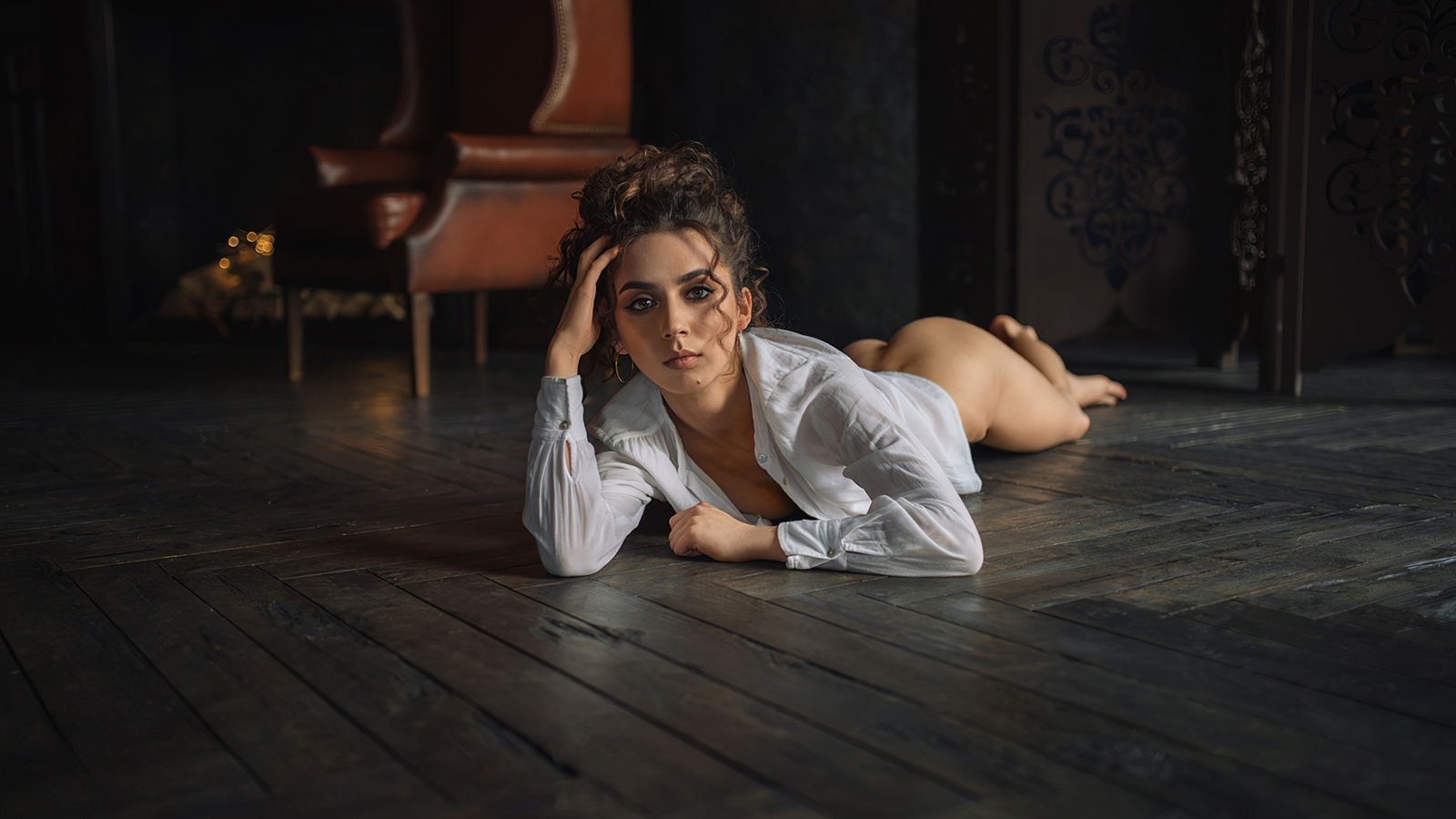 brunette, model, women, women indoors, ass, white shirt, shirt, lying on front, hips, wooden floor