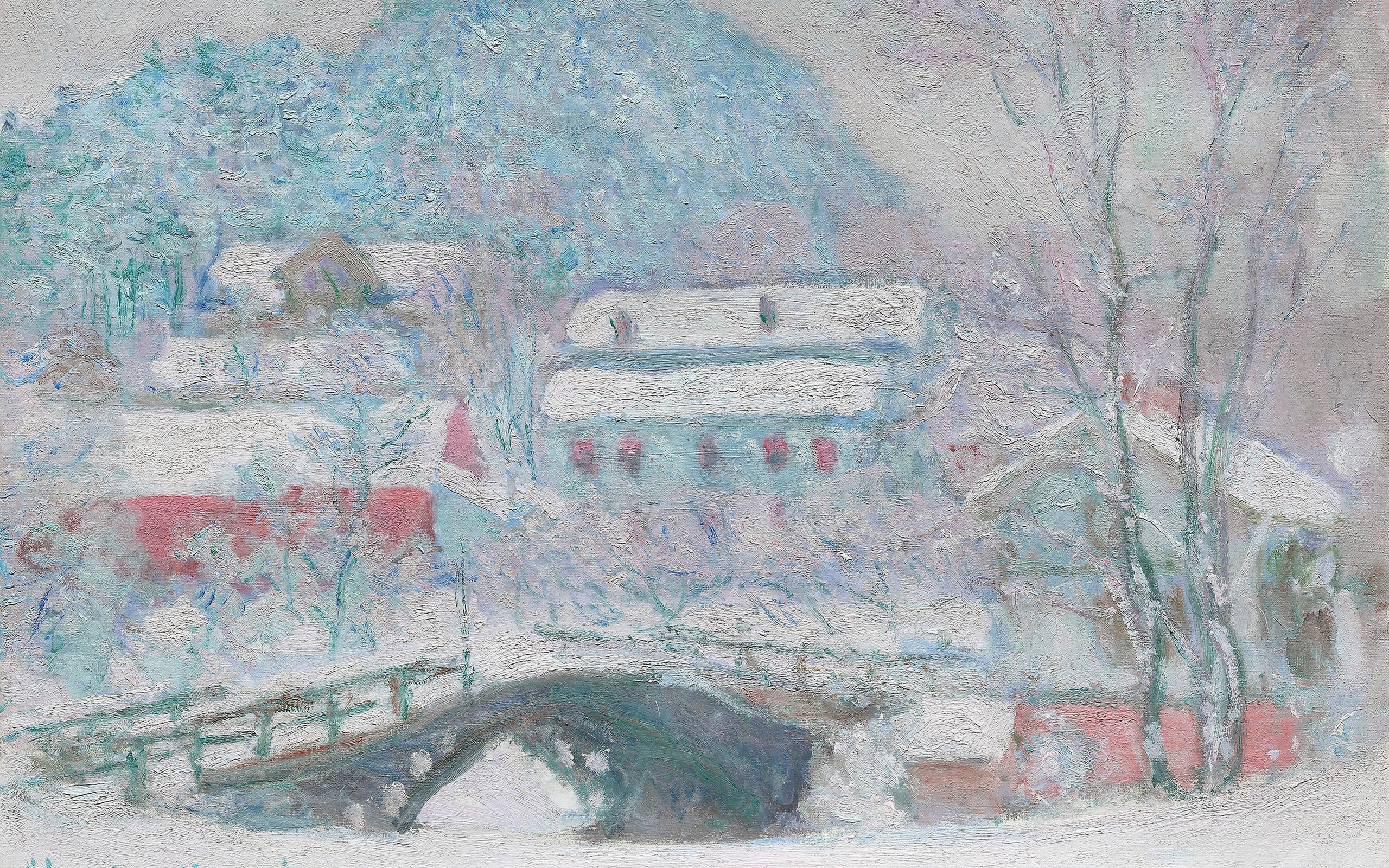 claude monet, french, 1895, norway, sandviken village in the snow
