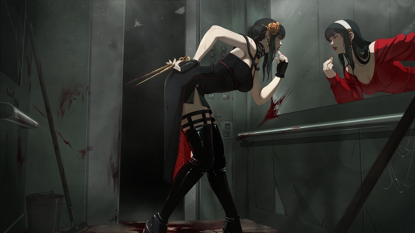 frag ment, spy x family, yor forger, anime, anime girls, brunette, women, red eyes, bent over, reflection, mirror, fan art, digital art, minidress, elevator, black dress, blood