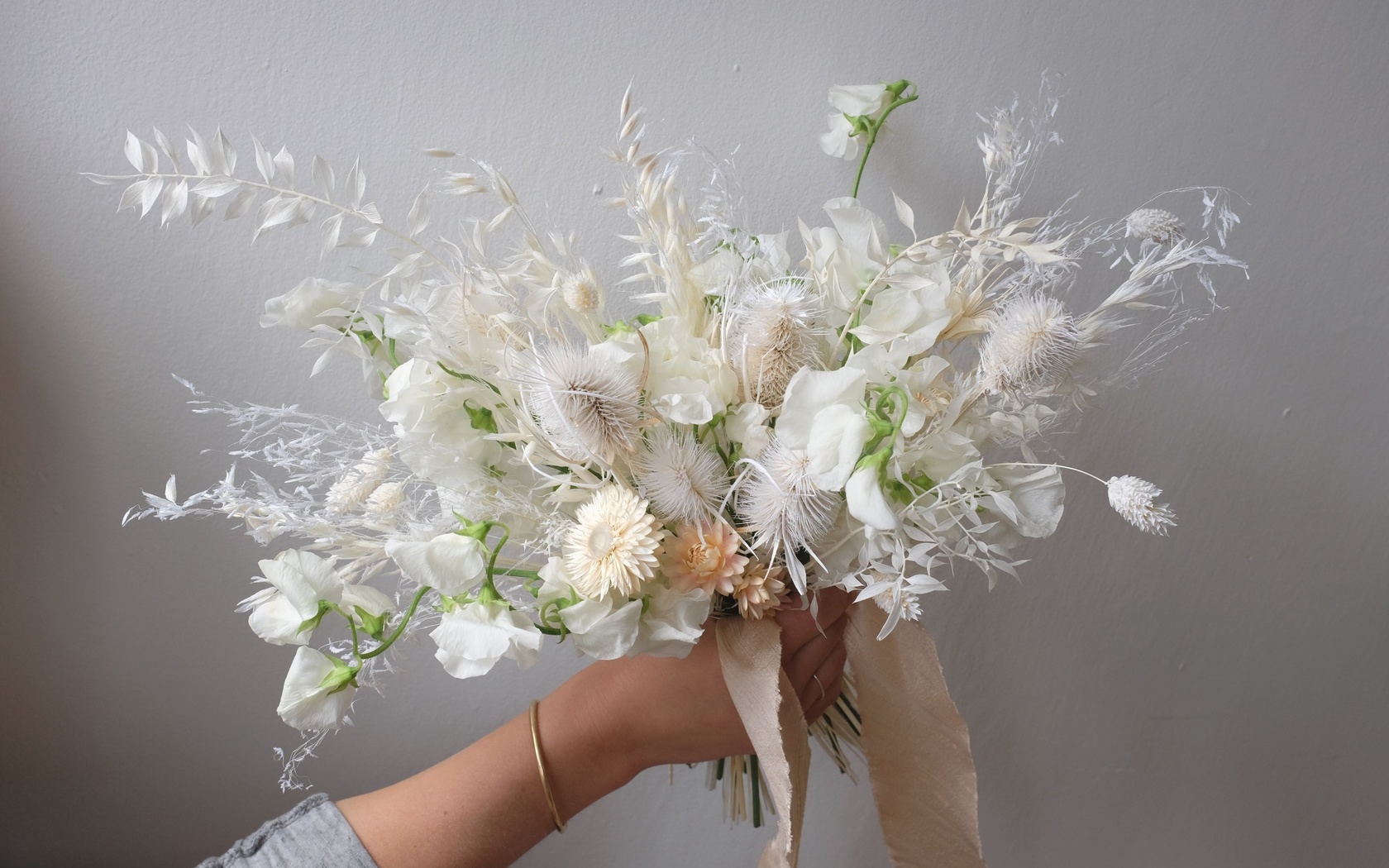 floral white bouquet, bunny tail grass, bleached ruscus, sweet peas