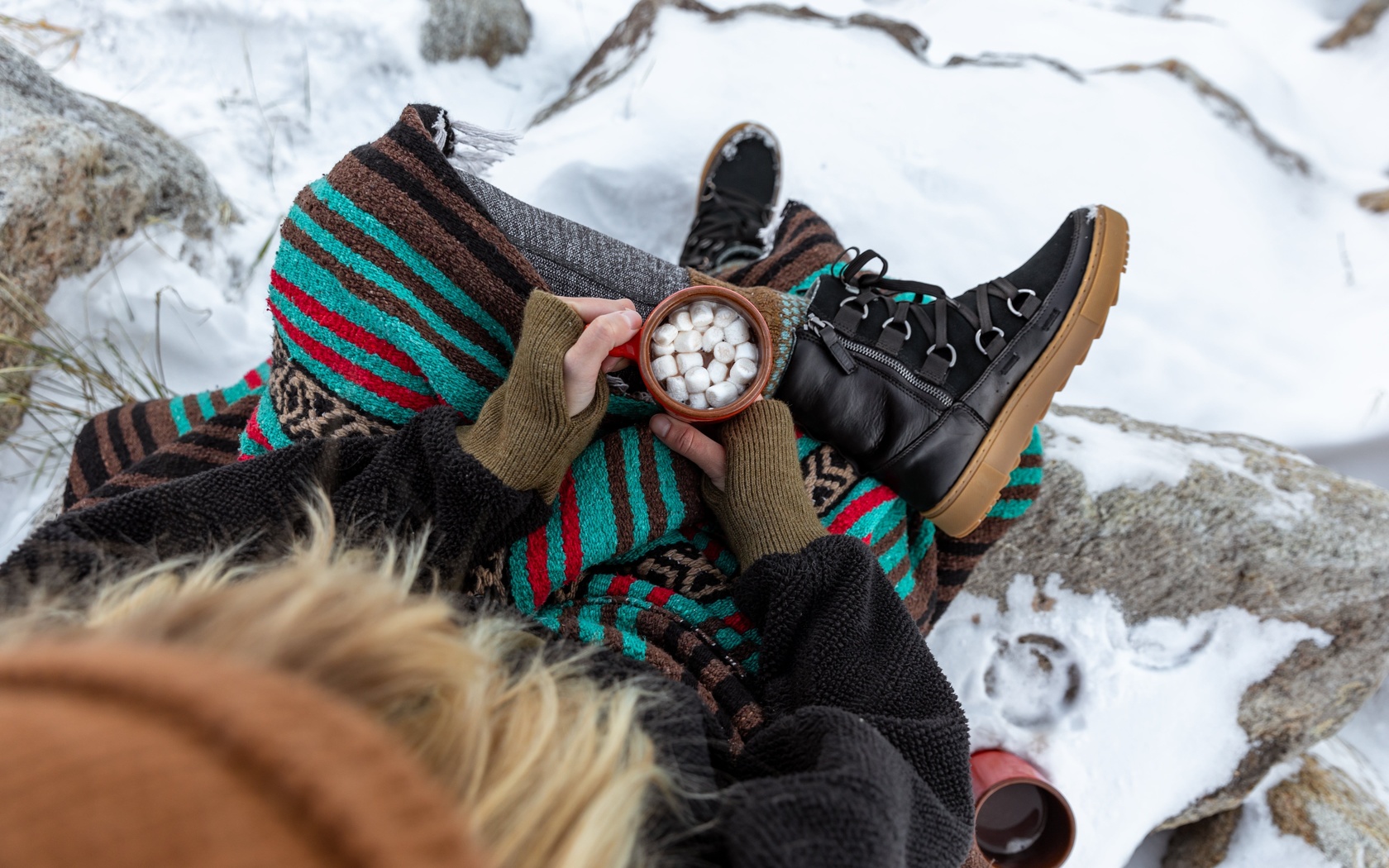 winter boots, women, winter, coffee with marshmallow