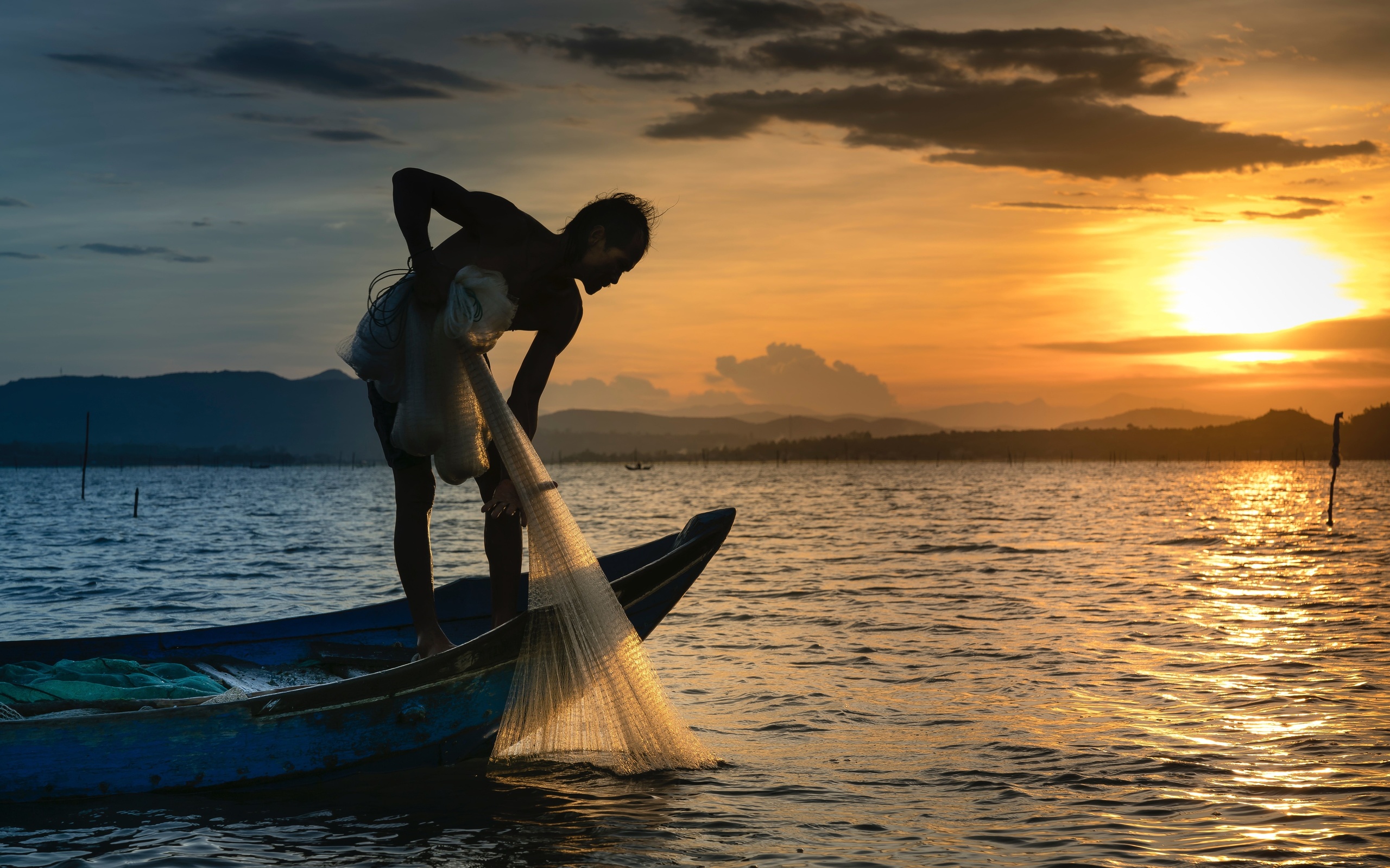 fish, boat, fishermen, fishing, lake, fish net