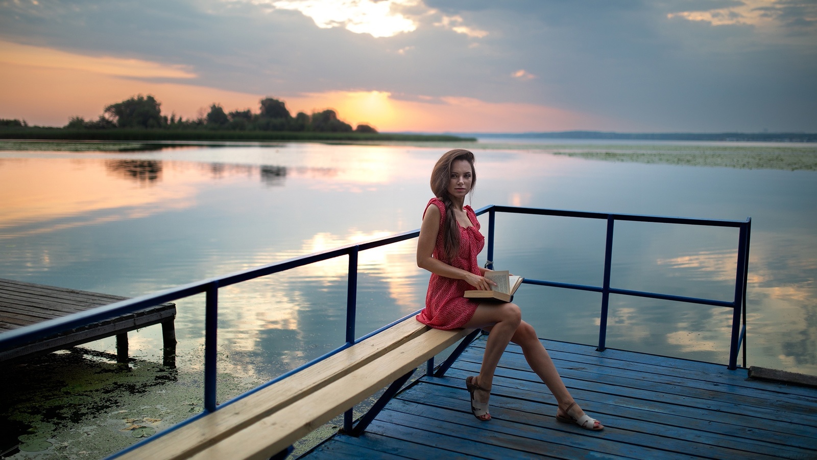 dmitry shulgin, women, model, brunette, women outdoors, lake, red dress, dress, nature, landscape, sky, clouds, water