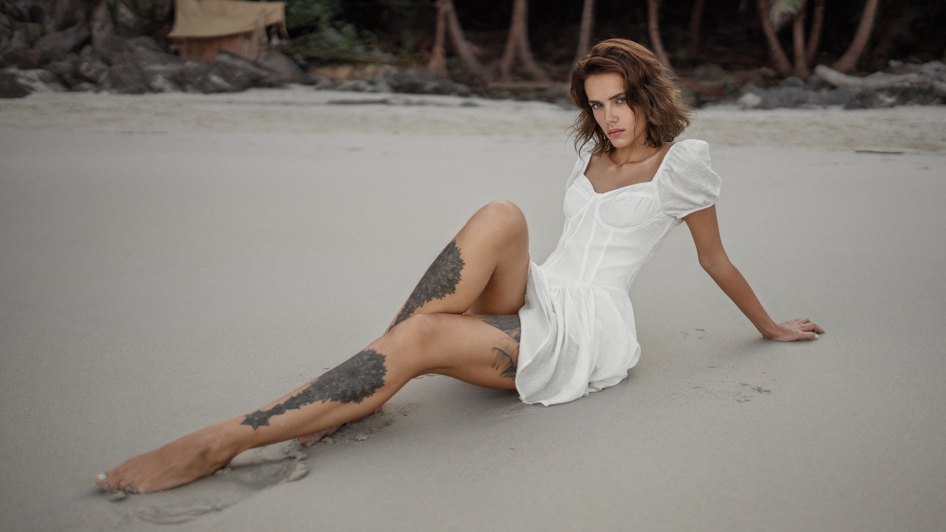 women outdoors, tattoo, women, model, brunette, white dress, dress, beach, sand, palm trees, legs