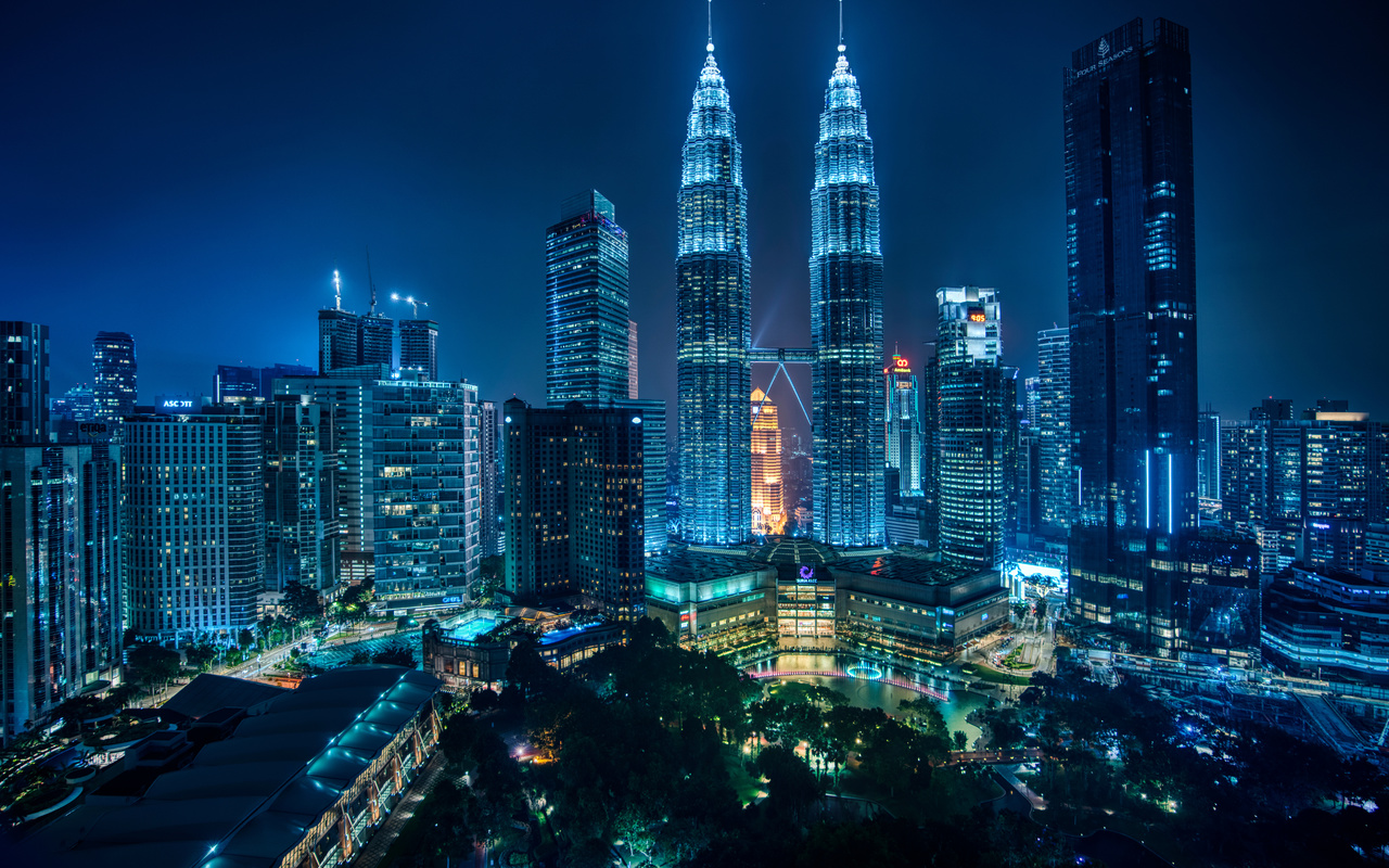 kuala-lumpur, petronas towers, skyscraper, malaysia, city, night, lights, buildings, architecture