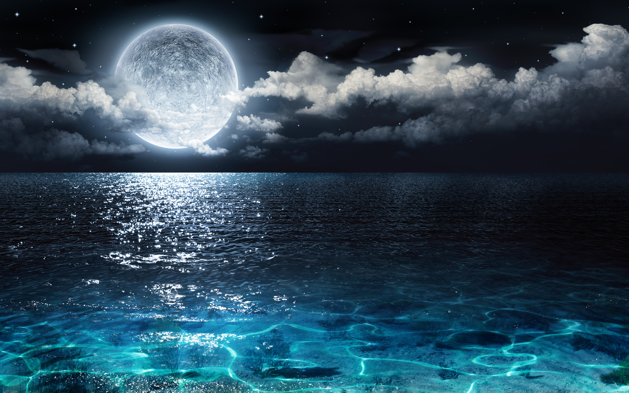 beautiful, moon, ocean, night, cloud