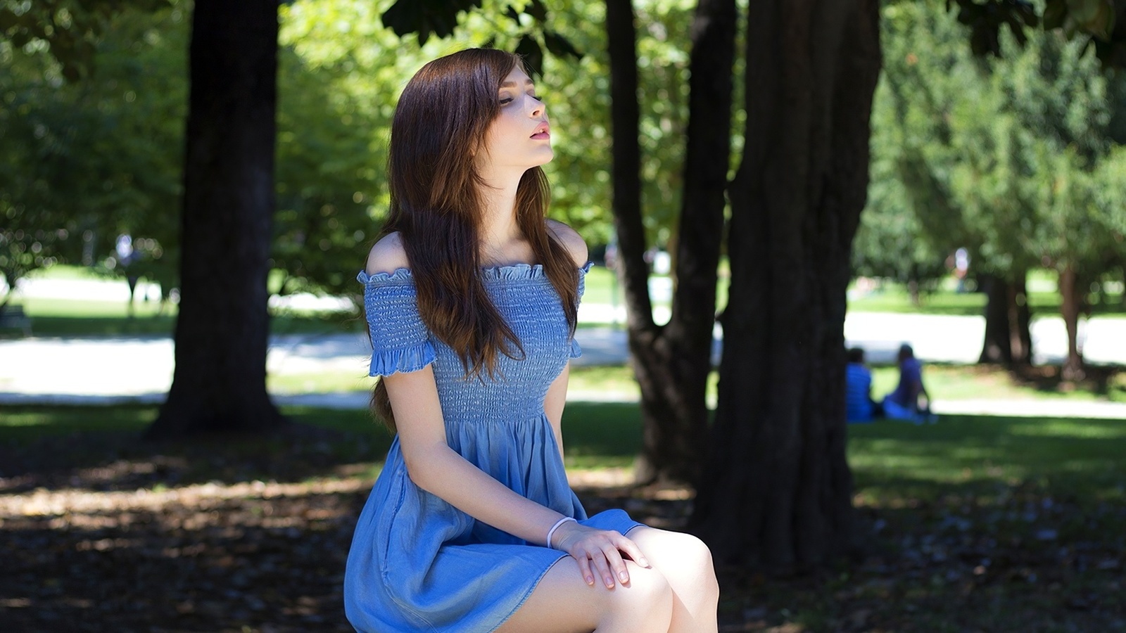 brunette, women, model, women outdoors, dress, blue dress, trees, beautiful, bench, park, closed eyes, people, public