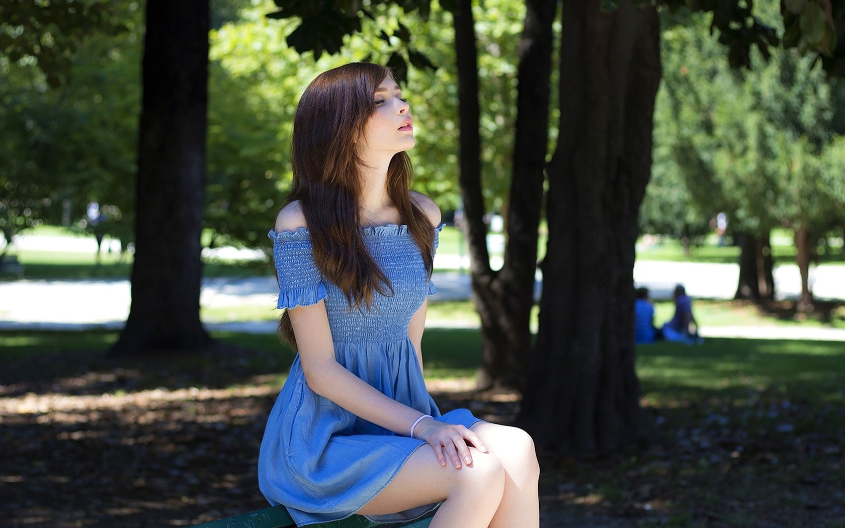 brunette, women, model, women outdoors, dress, blue dress, trees, beautiful, bench, park, closed eyes, people, public