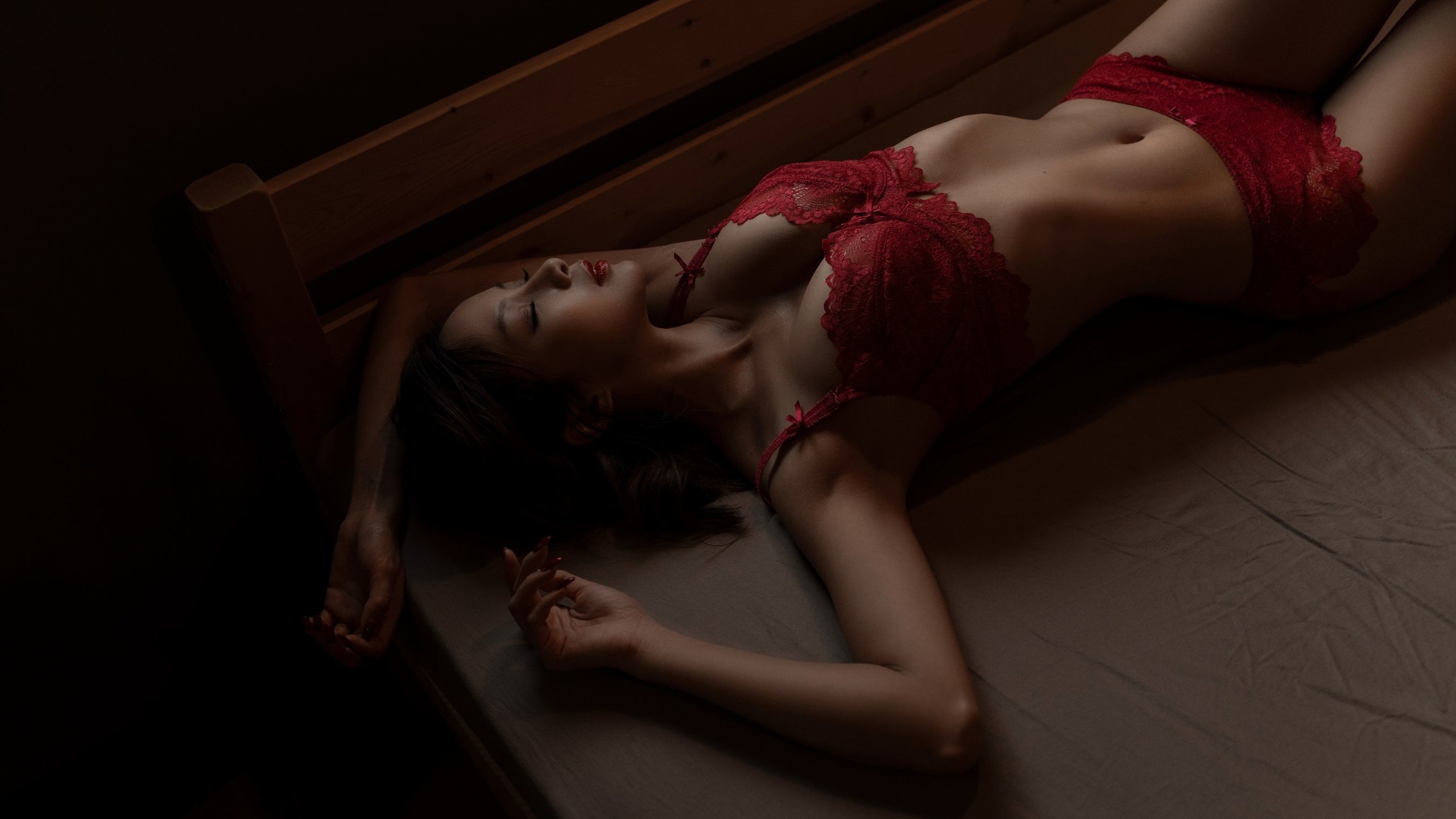 asian, women, model, brunette, women indoors, red bra, red panties, red lingerie, in bed, ass, closed eyes