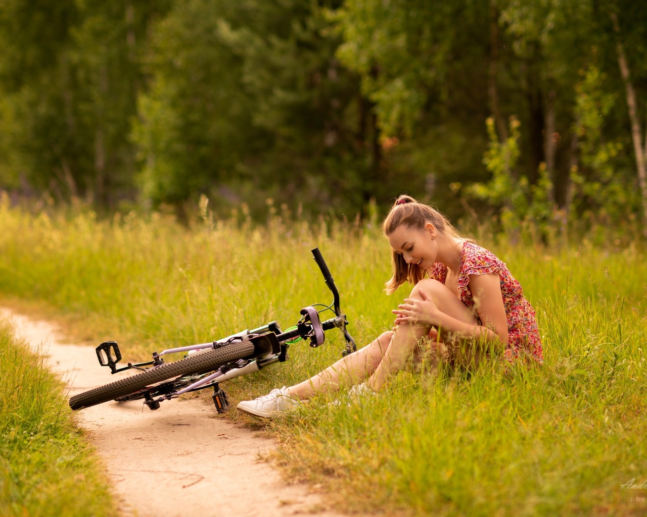 andrey solod, summer dress, women, model, brunette, women outdoors, grass, nature, bicycle, field, trees, road, sneakers