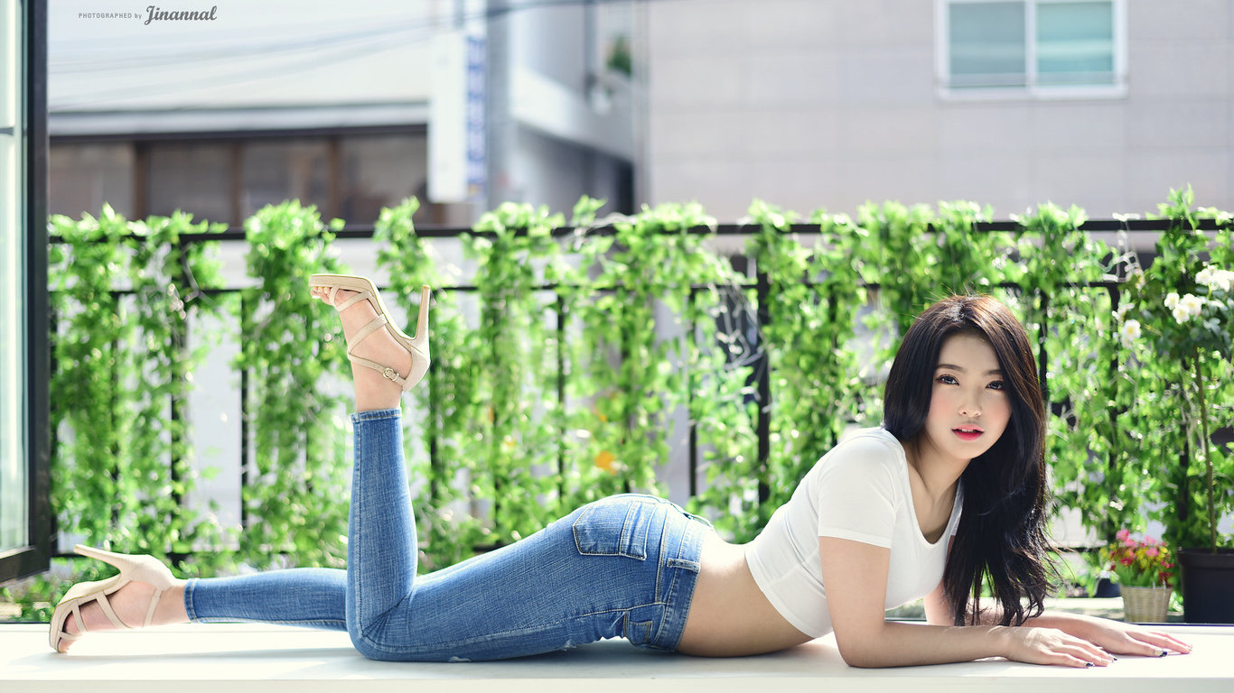 asian, jeans, short tops, t-shirt, high heels, black hair, white tops, tight jeans, lying on front, looking at viewer, brunette, women, model