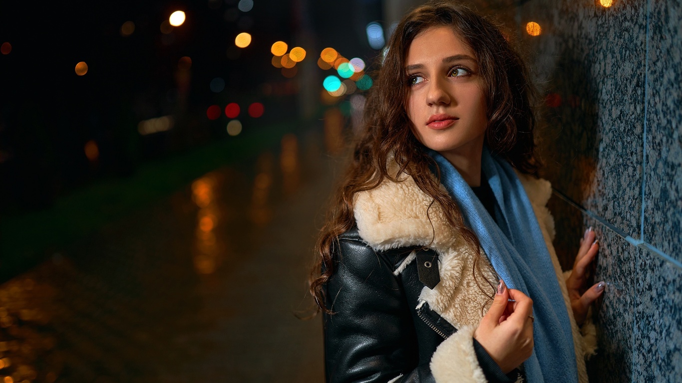 , bokeh, public, night, brunette, model, leather jacket, women outdoors, women, scarf, blue scarf, street